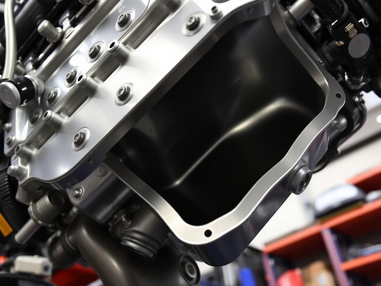 Dry-sump pan fitted to the engine, viewed from below