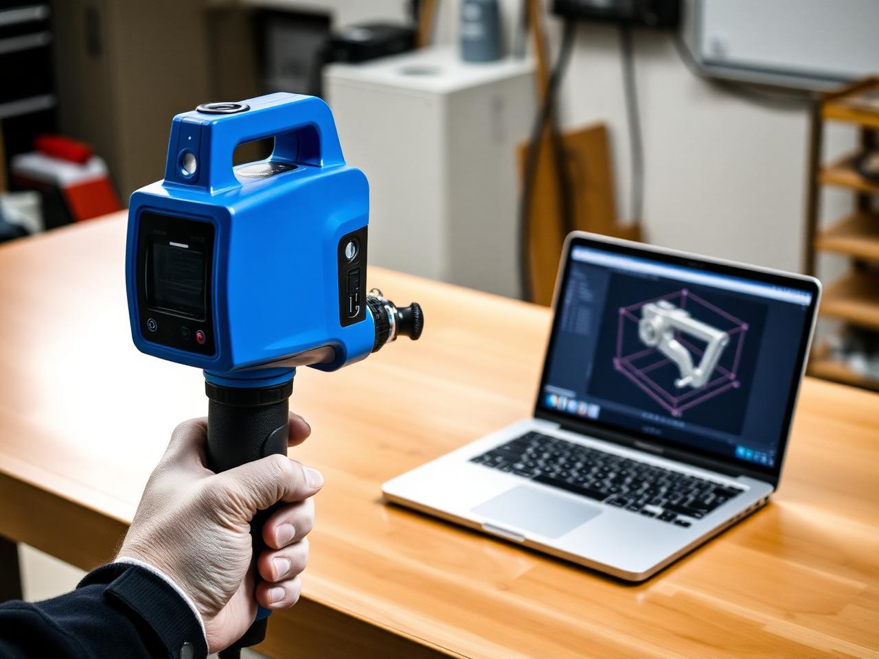 Handheld scanning of a mechanical component on a bench, scan mesh visible on screen