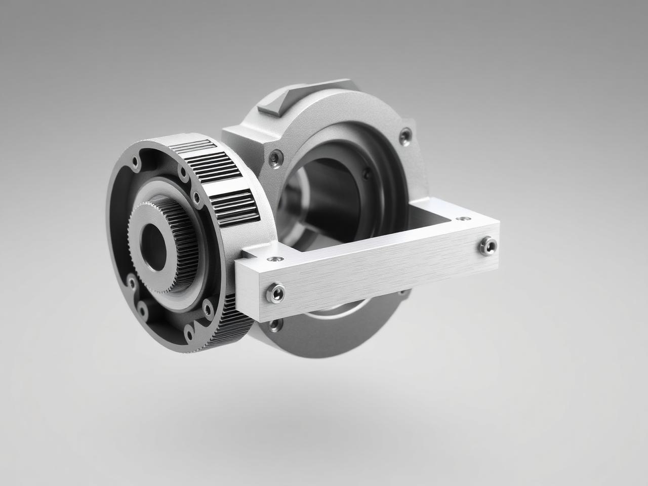 CAD model of a machined bracket shown in context with surrounding components
