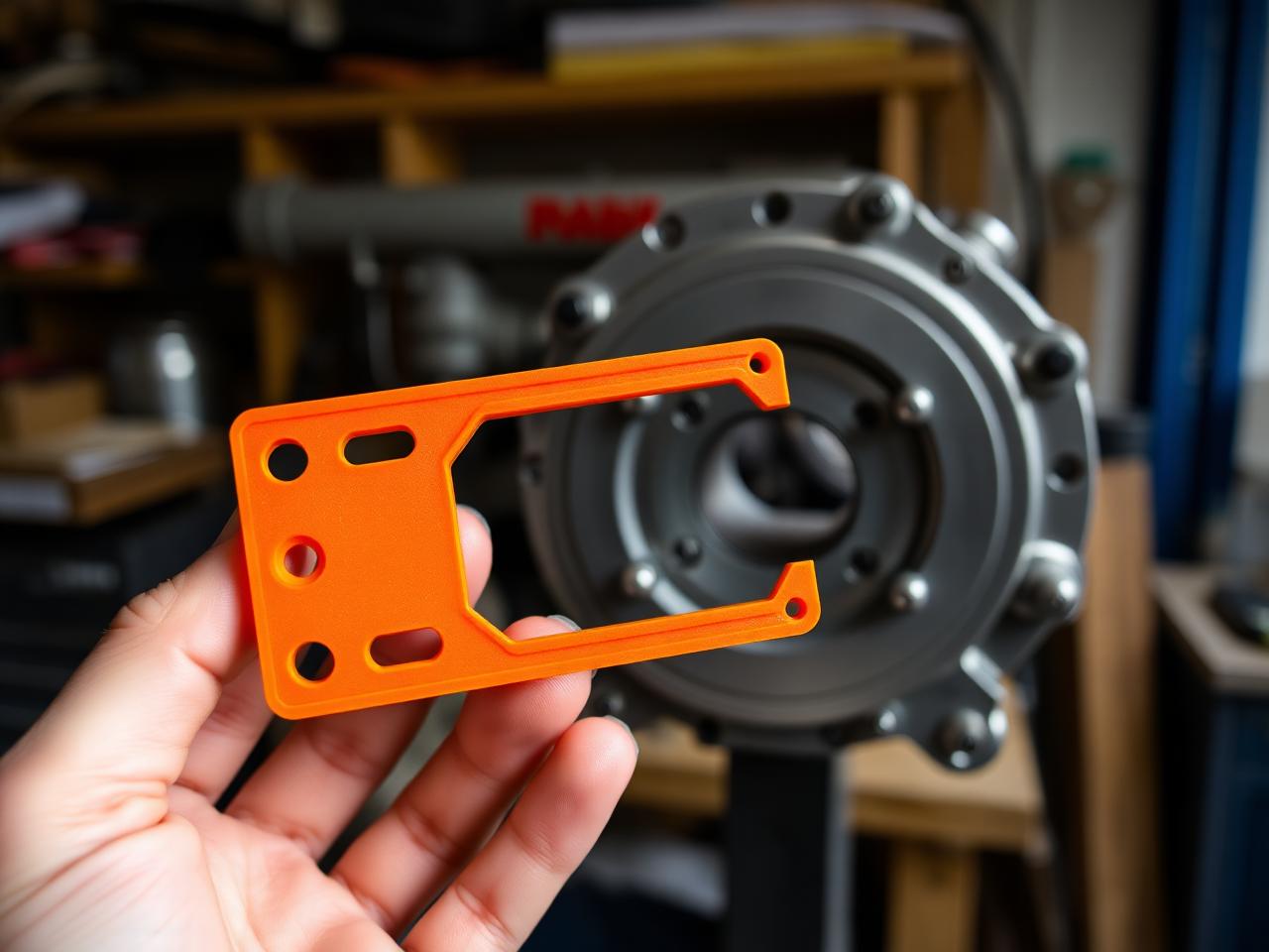 3D-printed fit-check part held against the real assembly it mounts to